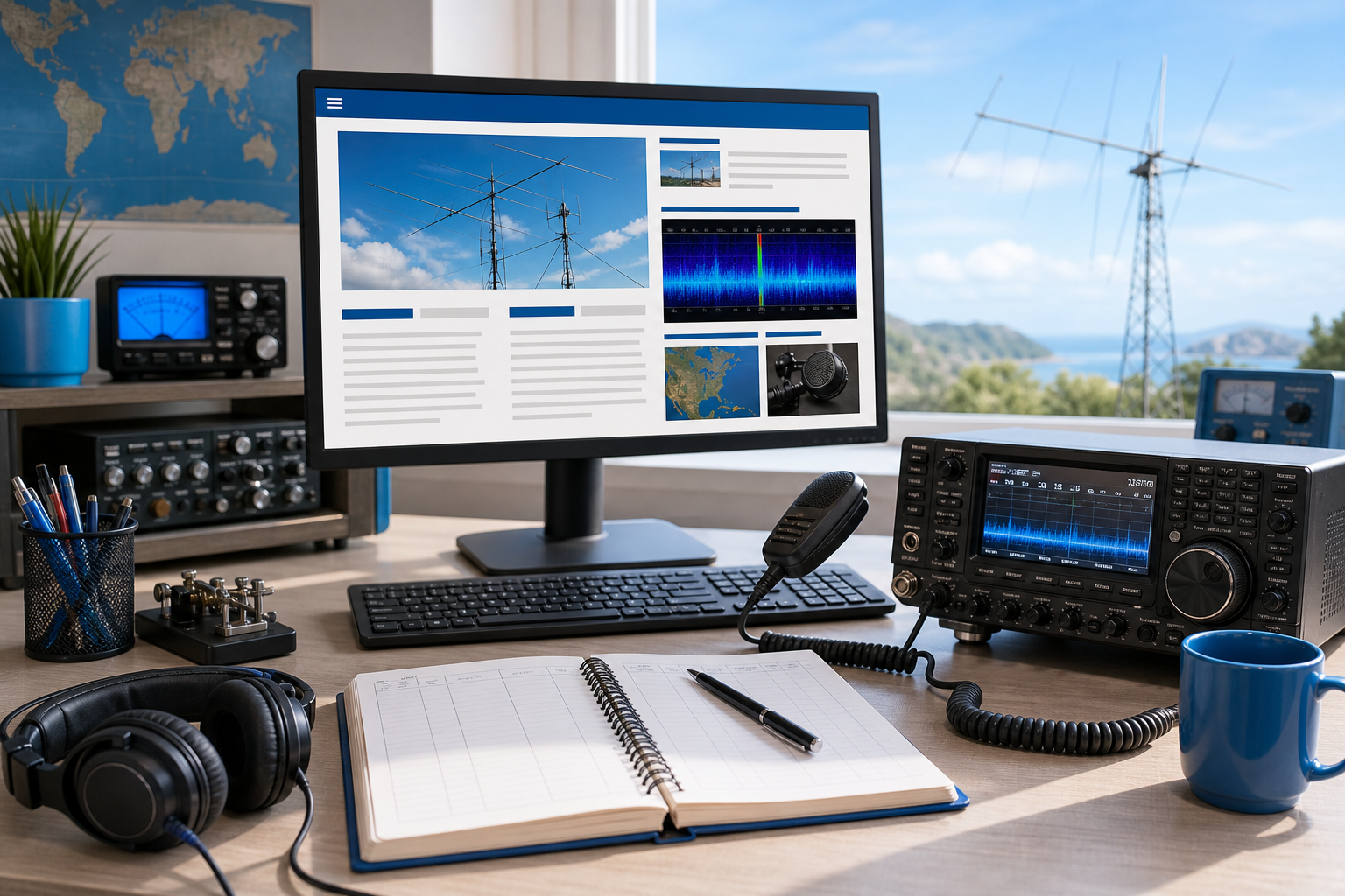 Portale radioamatoriale su monitor accanto a ricetrasmittente e microfono