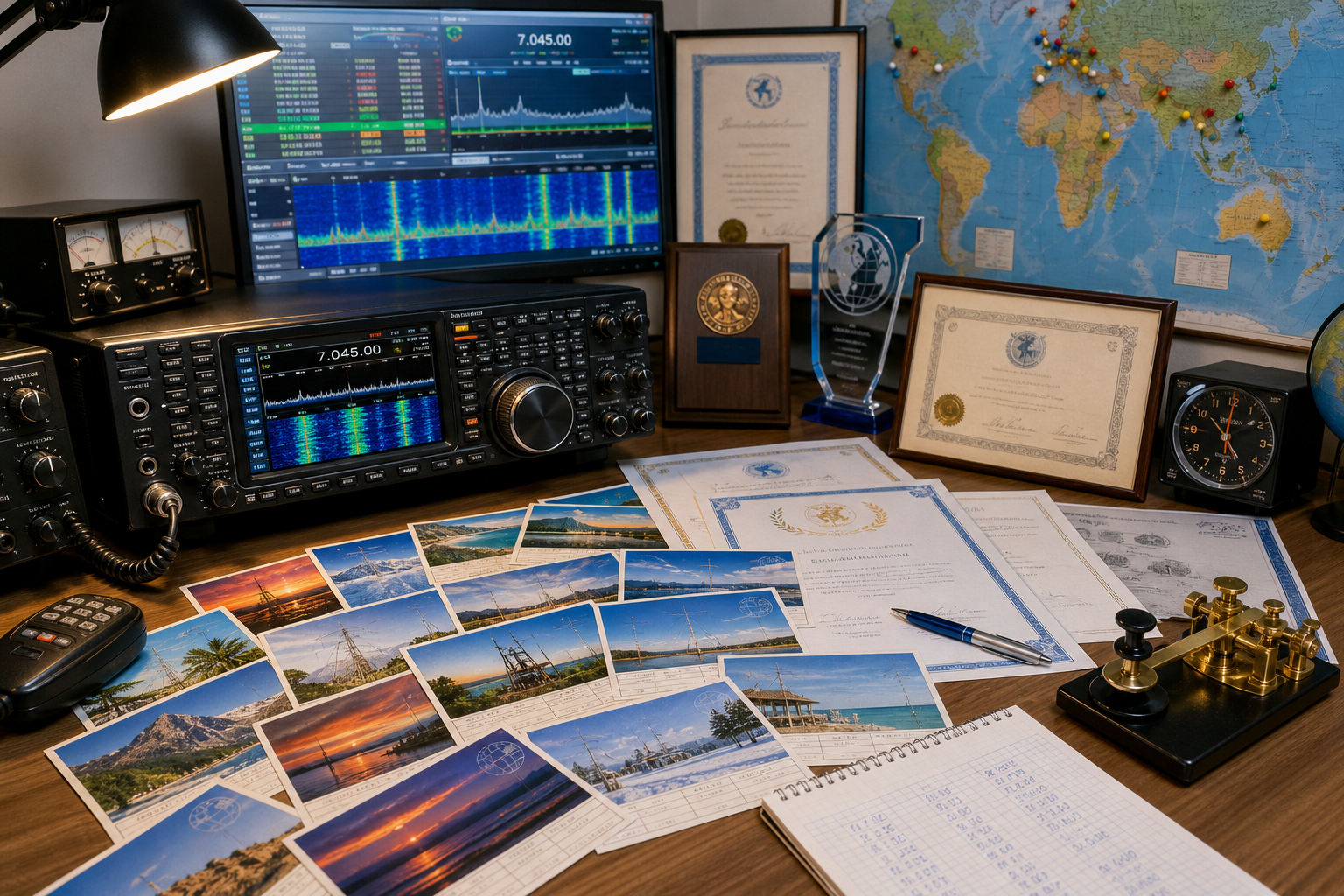 Stazione radio con diplomi, log contest e cartoline QSL